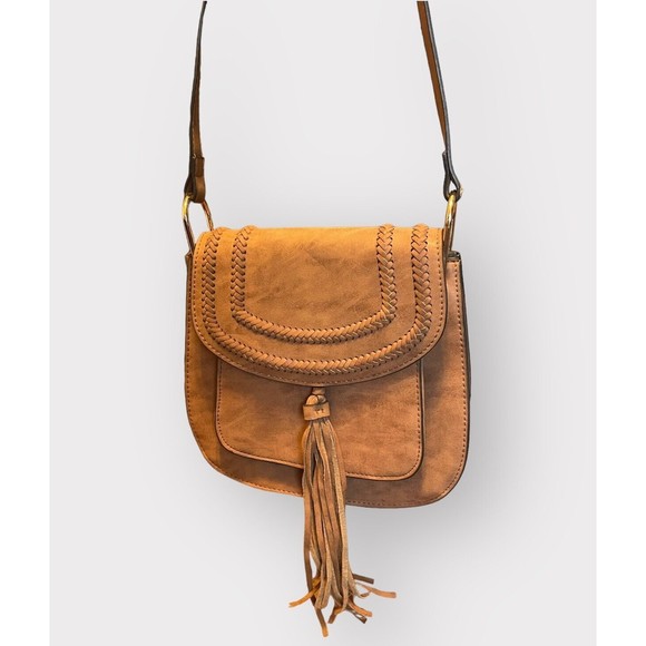 Franco Sarto Handbags - Franco Sarto San Paulo Cross Body Bag | Cognac Vegan Leather Woven Tassel